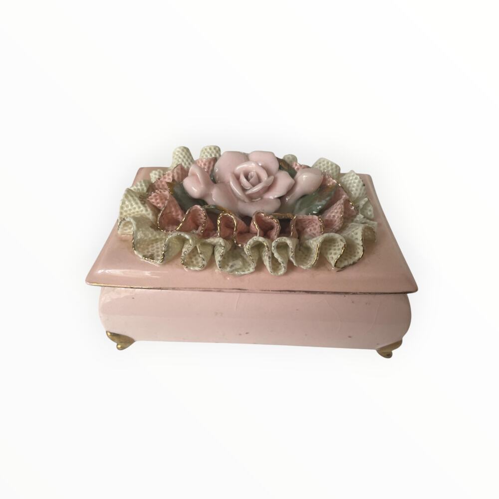 Vintage Porcelain Trinket Box | Fired Lace | Flowers | Pink | Footed | EUC